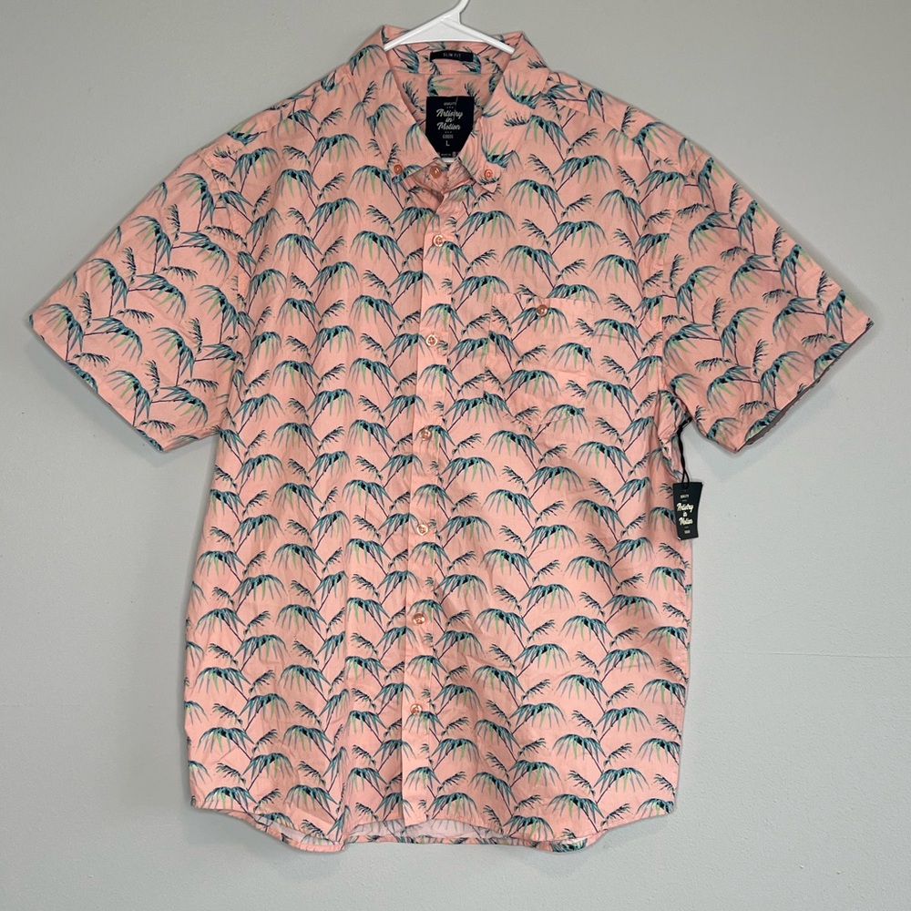 Men’s Pink Blue Tropical Palm Print Button Up Shirt NEW Large Slim Short Sleeves